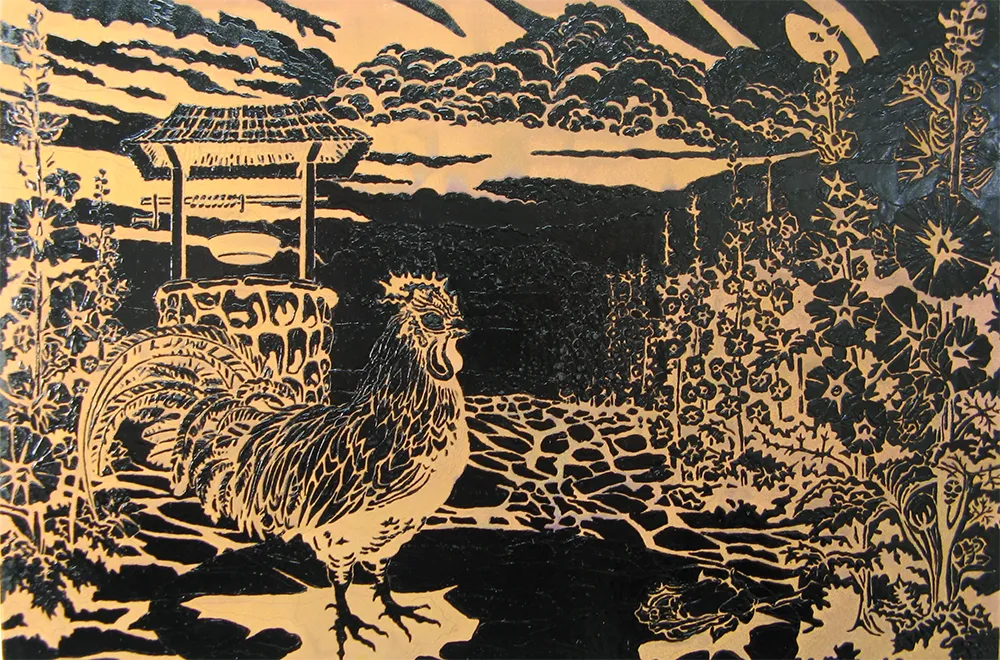 Etched plate of a rooster before a thatched wishing well surrounded by hollyhocks