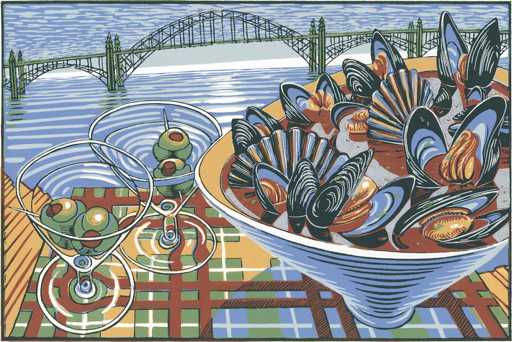 Yaquina Bay — linoleum print by Patrick Simon