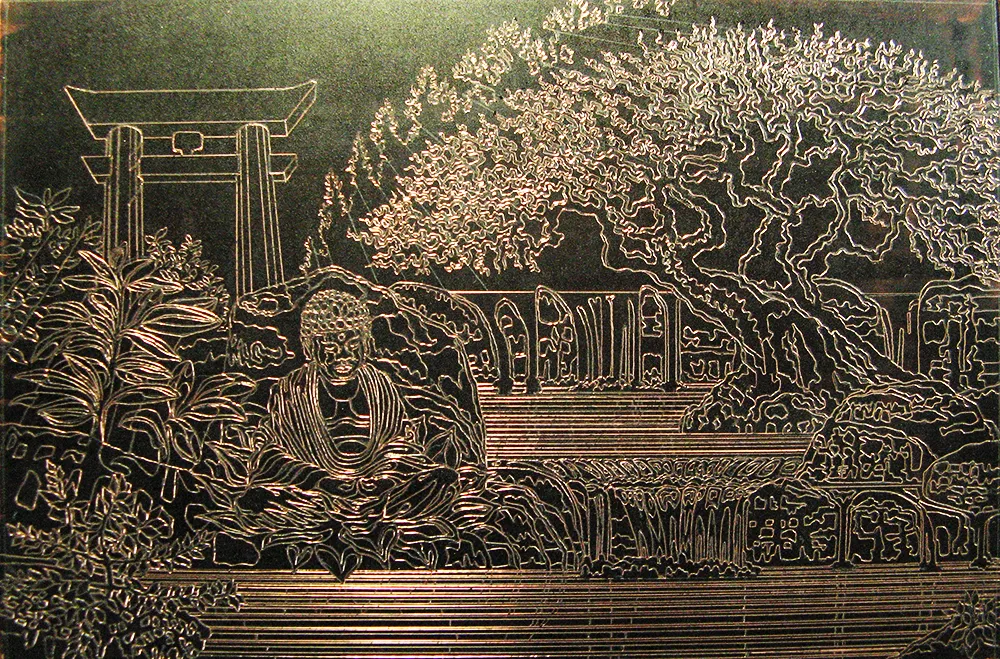 Etched plate of a seated Buddha beneath a torii gate and sprawling tree