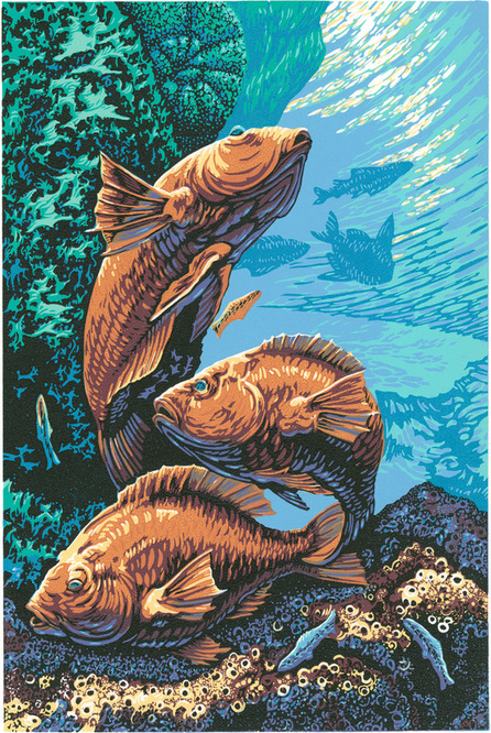Three Ling — linoleum print by Patrick Simon