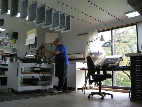 Patrick Simon at work in his full printmaking studio